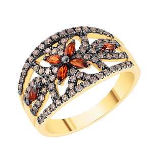 Кольцо из желтого золота с бриллиантами, гранатами