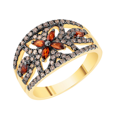 Кольцо из желтого золота с бриллиантами, гранатами