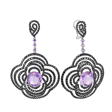 Серьги из белого золота с аметистами, сапфирами