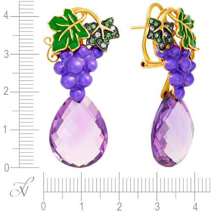 Серьги из желтого золота с бриллиантами, аметистами