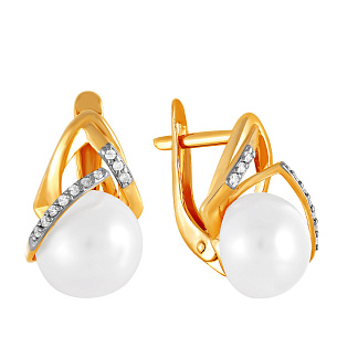 Серьги с английским замком из красного золота с фианитом, жемчугом