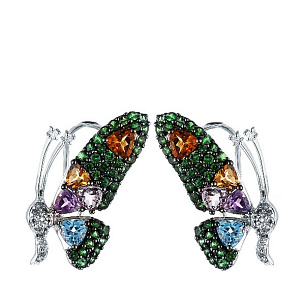Серьги из белого золота с бриллиантами, цветными