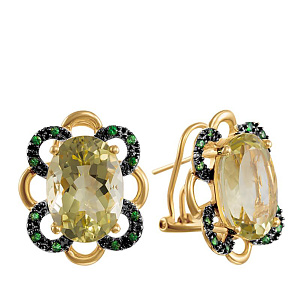 Серьги из желтого золота с кварцем, цаворитами