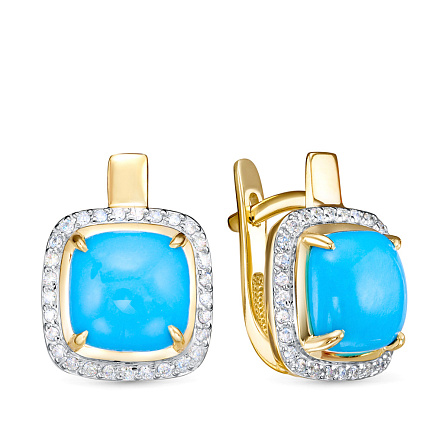 Серьги из желтого золота с бриллиантами, бирюзой