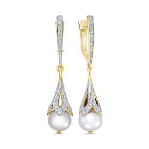 Серьги с английским замком из желтого золота с жемчугом