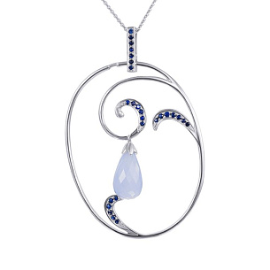 Подвеска из белого золота с сапфирами, халцедоном