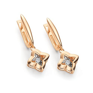 Серьги с английским замком из красного золота с бриллиантом