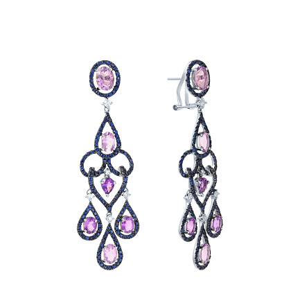 Серьги из белого золота с бриллиантами, аметистами