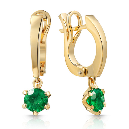 Серьги с английским замком из желтого золота с изумрудами