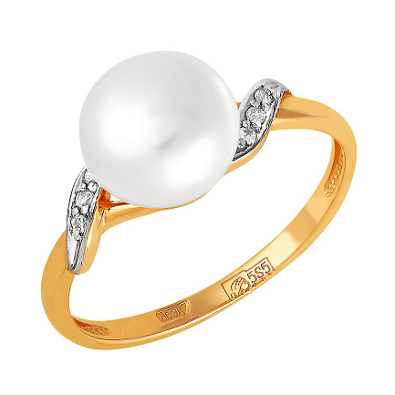 Кольцо из красного золота с жемчугом, фианитом