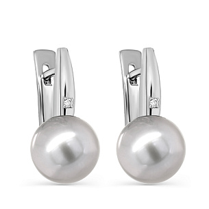 Серьги с английским замком из белого золота с бриллиантами, жемчугами