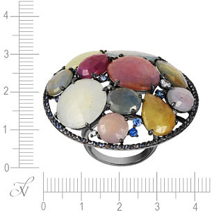 Кольцо из черненого золота с бриллиантами, корундами, сапфирами