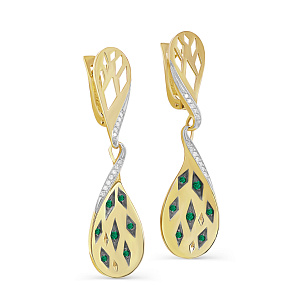 Серьги с английским замком из желтого золота с изумрудом