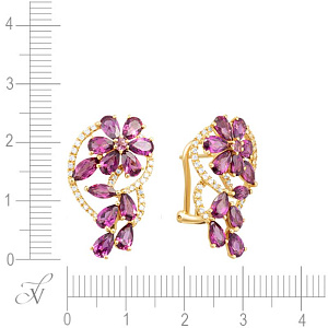 Серьги из желтого золота с бриллиантами, родолитами