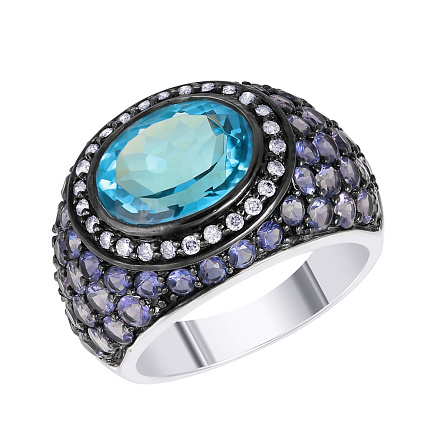 Кольцо из белого золота с бриллиантами, танзанитами