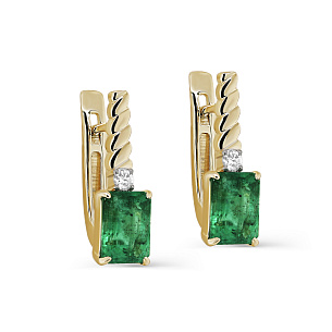 Серьги с английским замком из желтого золота с изумрудом