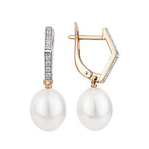 Серьги с английским замком из красного золота с фианитом и жемчугом